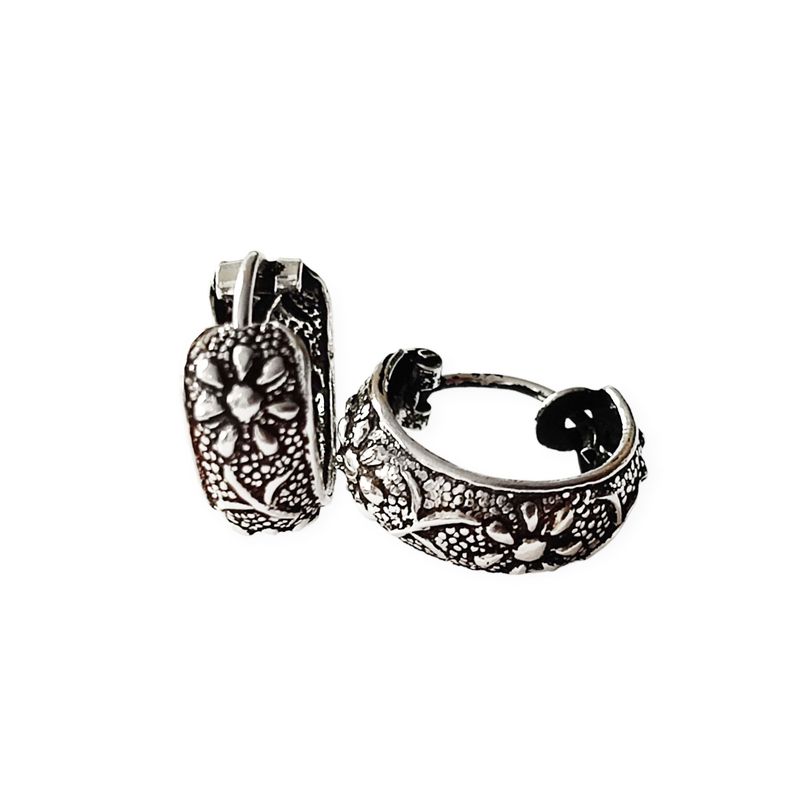 Aros Argolla Flores Envejecida Plata Fina 925-0