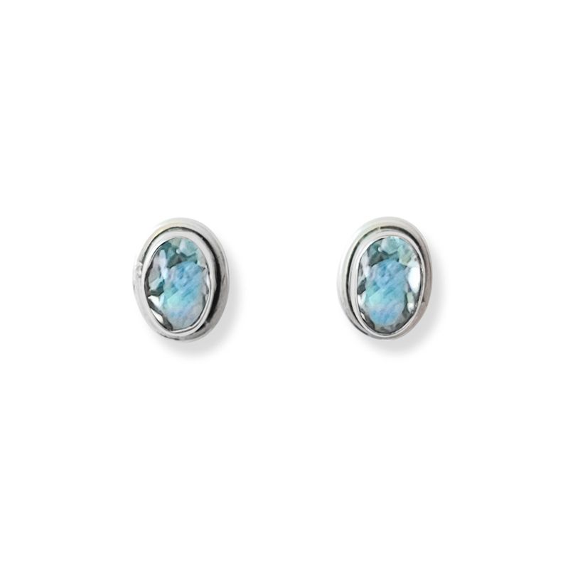Aros Boton Ovalo Topacio Celeste Plata Fina 925