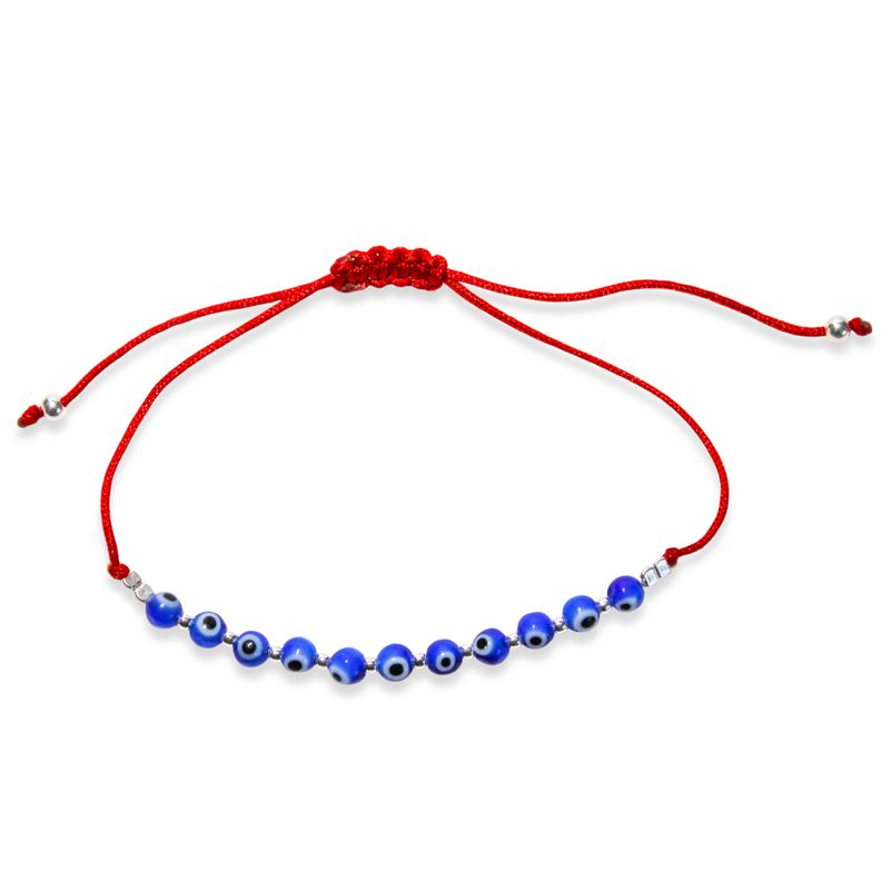 Pulsera Ojos Turcos Bolitas Cordón Rojo Plata Fina 925-0