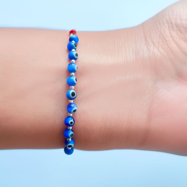 Pulsera Ojos Turcos Bolitas Cordón Rojo Plata Fina 925-1