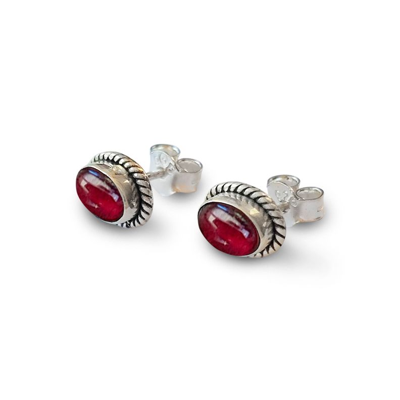 Aros Botón Óvalo Trenzado Granate Plata Fina 925-1