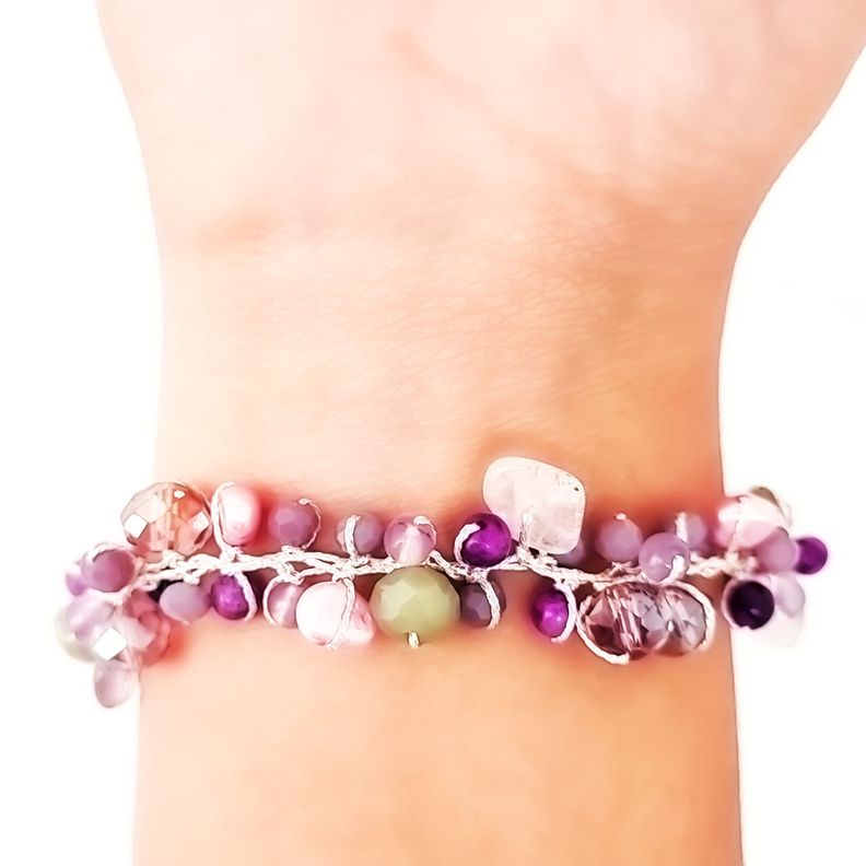 Pulsera Mix Piedra Cristal Perla De Río Hilo Seda Plateado-1