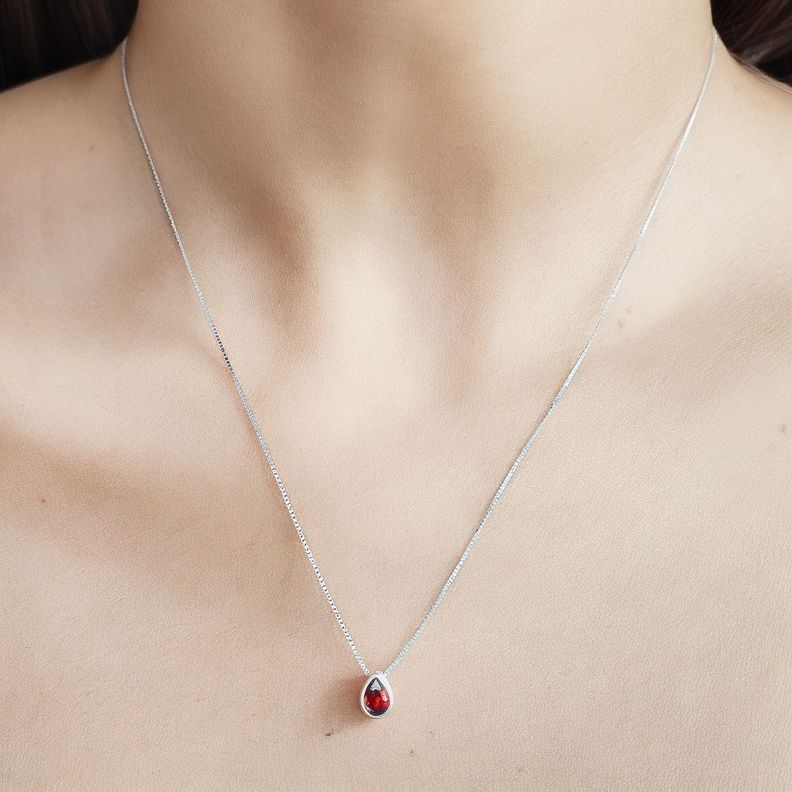 Collar Punto de Luz Gota Circón Rojo Plata Fina 925-3