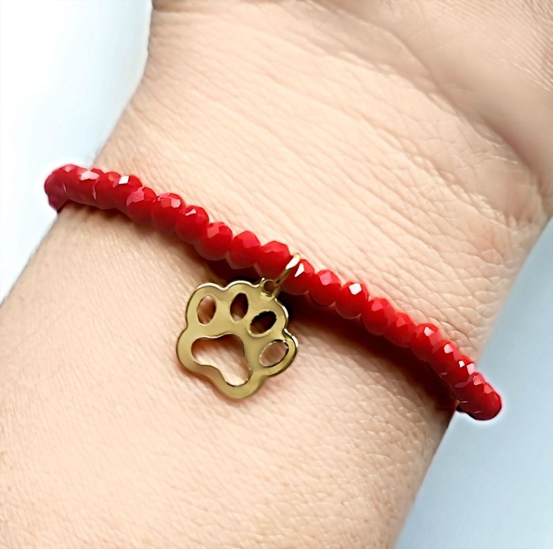 Pulsera Huella Perro Cristal Rojo Enchapado oro 18-1