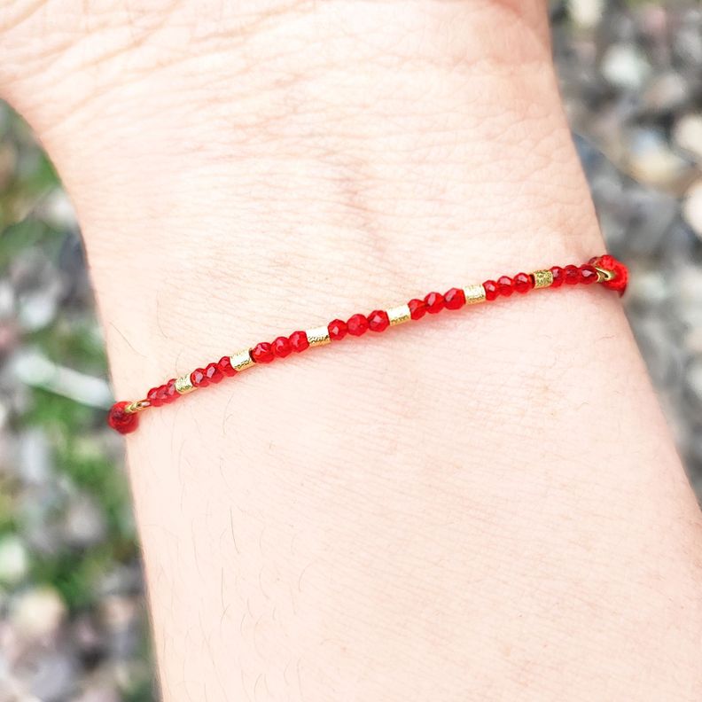 Pulsera Cristal Rojo Mostacilla Enchapado Oro 18 K Ajustable-2