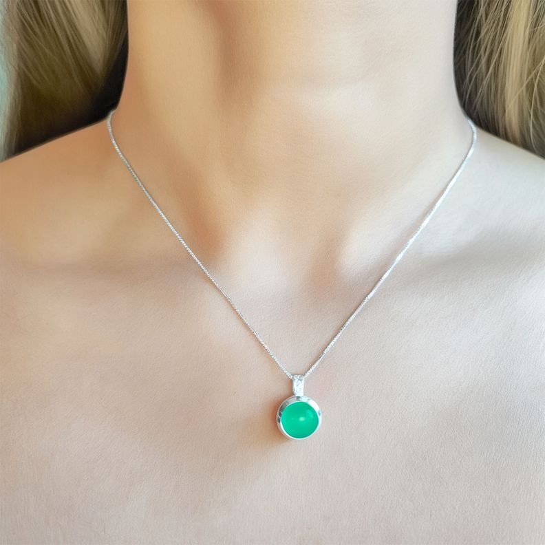 Collar Calcedonia Verde Redondo Veneciana Plata Fina 925-3