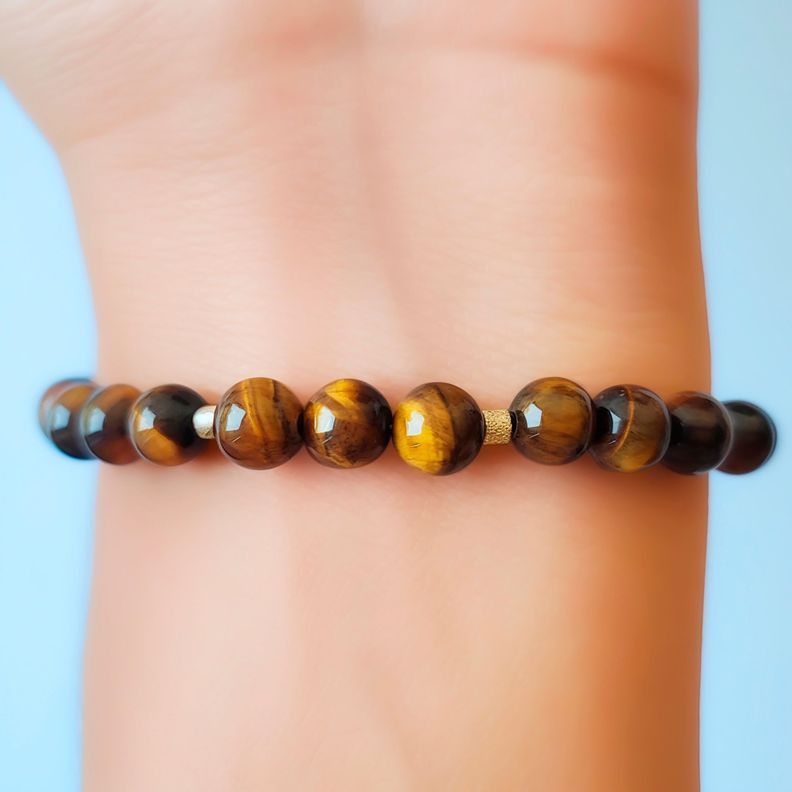 Pulsera Ojo De Tigre 6mm Mostacilla Enchapado Oro 18K-2