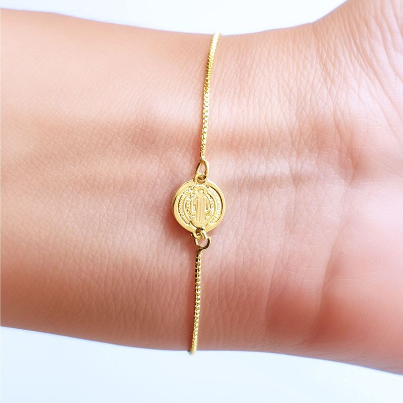 Pulsera Medalla San Benito 9mm Veneciana Enchapado Oro 18K-3