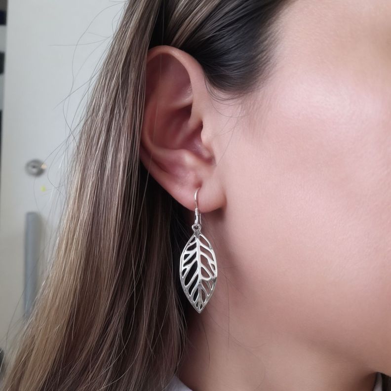 Aros Hoja Calada Colgante Gancho Plata Fina 925-1