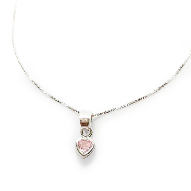 Collar Corazón Circón Rosado Plata Fina 925-0
