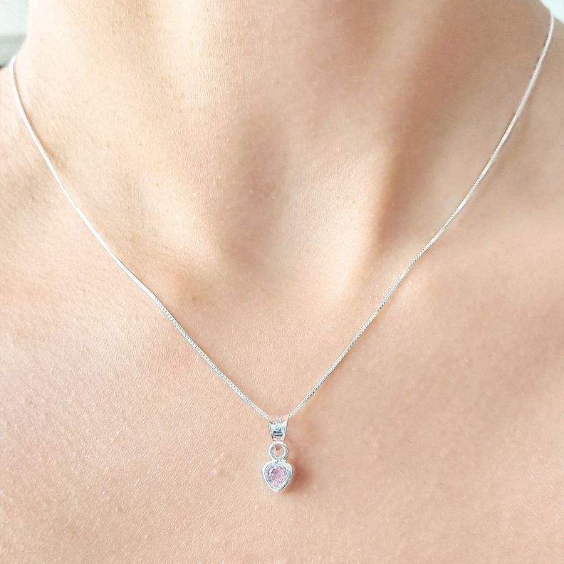 Collar Corazón Circón Rosado Plata Fina 925-2