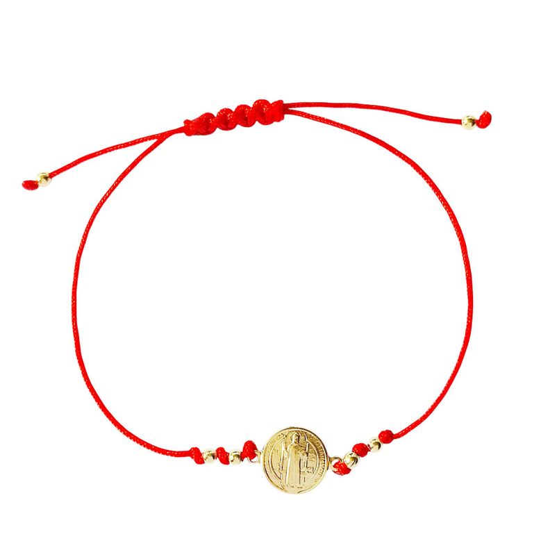 Pulsera San Benito Bolitas Enchapado Oro 18K Cordón Rojo-0