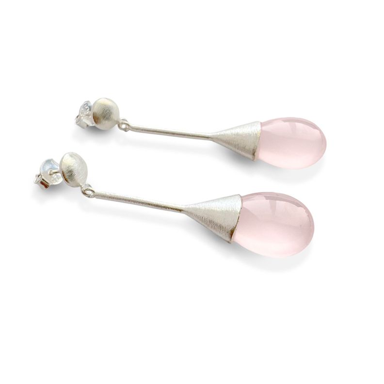 Aros Cuarzo Rosado Gota Plata Fina 925 Satinado-1