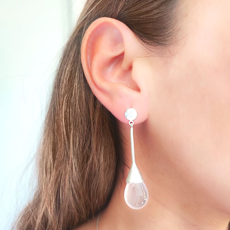 Aros Cuarzo Rosado Gota Plata Fina 925 Satinado-2