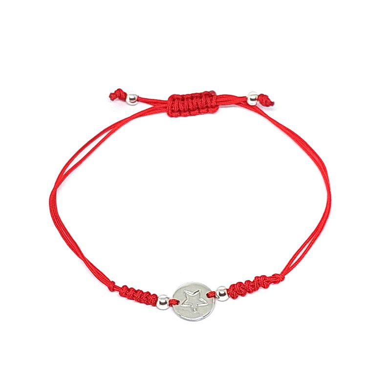 Pulsera Estrella Circulo Plata Fina 925 Cordón Rojo-0