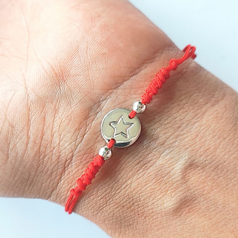 Pulsera Estrella Circulo Plata Fina 925 Cordón Rojo-1