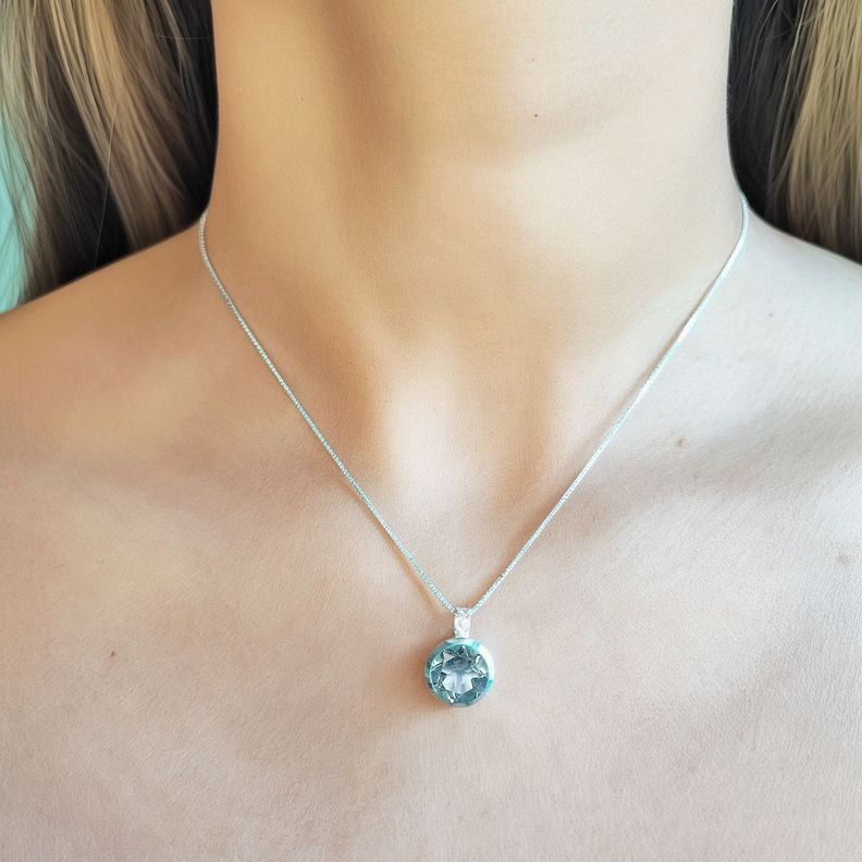 Collar Topacio Celeste Redondo Veneciana Plata Fina 925-3