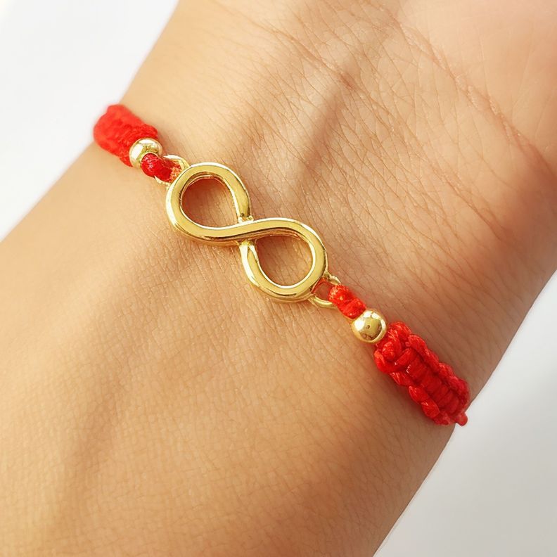 Pulsera Infinito Bolitas Enchapados Oro 18K Cordón Rojo-1