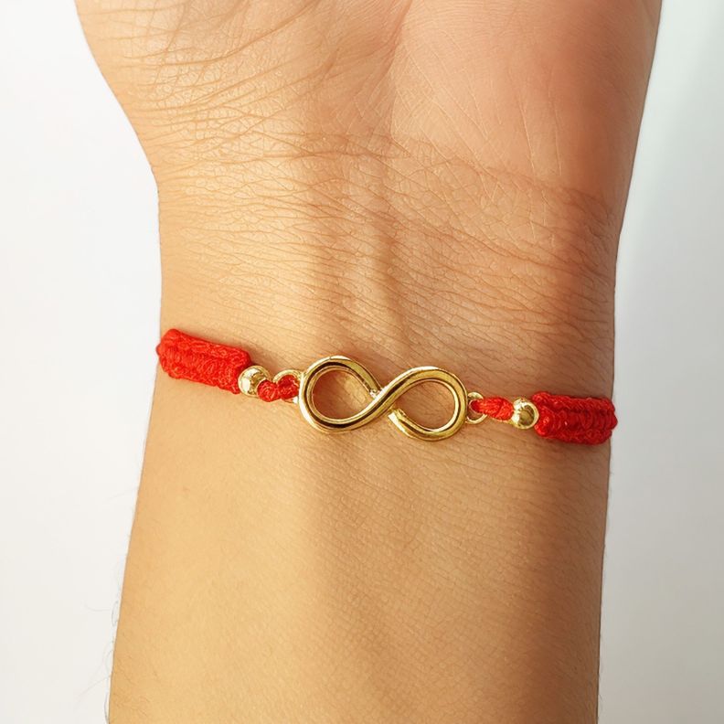 Pulsera Infinito Bolitas Enchapados Oro 18K Cordón Rojo-2