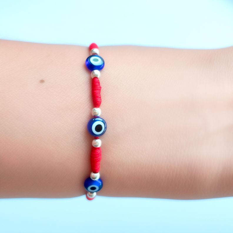 Pulsera Ojos Turcos Cordón Rojo Plata Fina 925-1