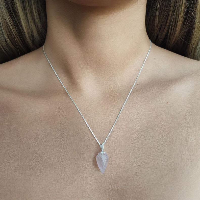 Collar Péndulo Facetado Cuarzo Rosa Plata Fina 925-2