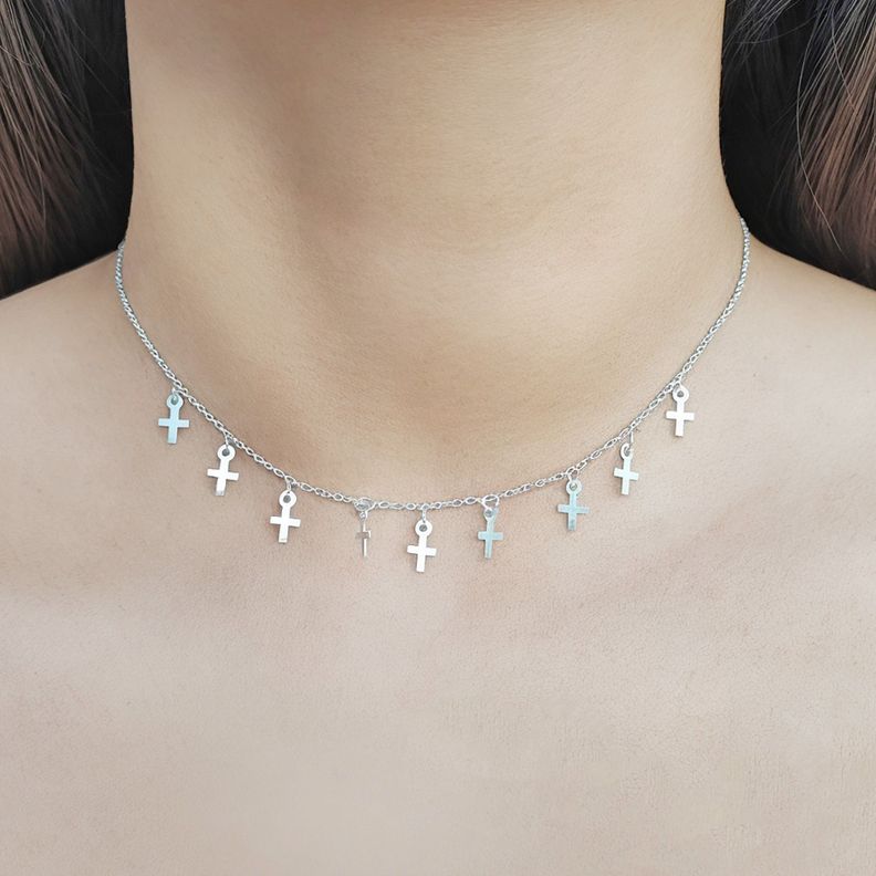 Collar Choker Cruces Plata Fina 925-2
