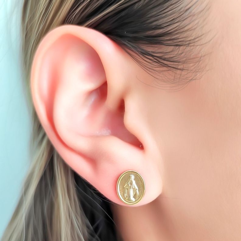 Aros Ovalado Virgen De Los Rayos 11mm Enchapado Oro 18K-2