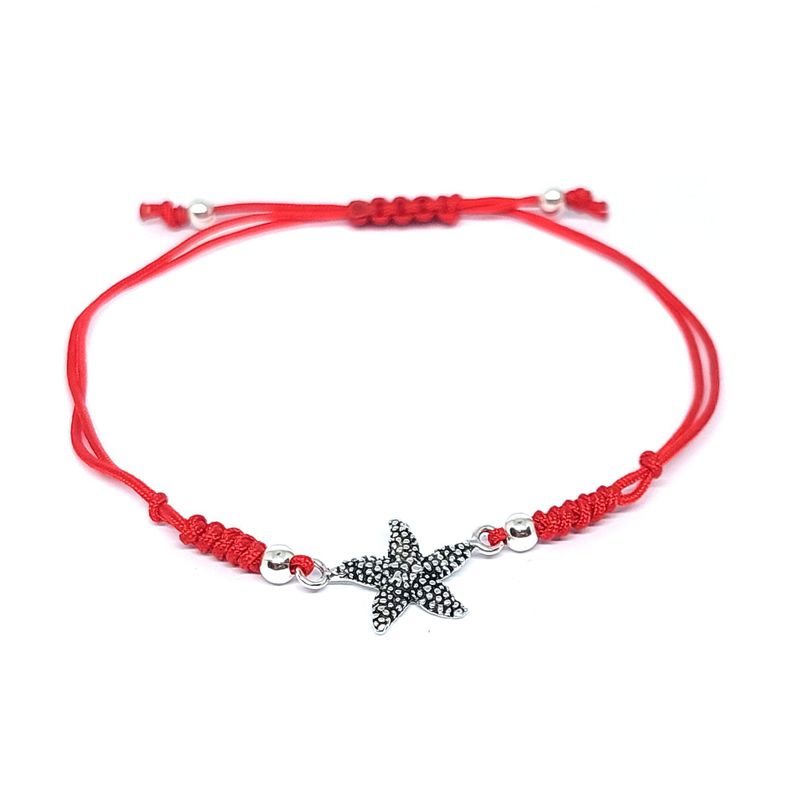 Pulsera Estrella De Mar Plata Fina 925 Envejecida Cordón Rojo-0