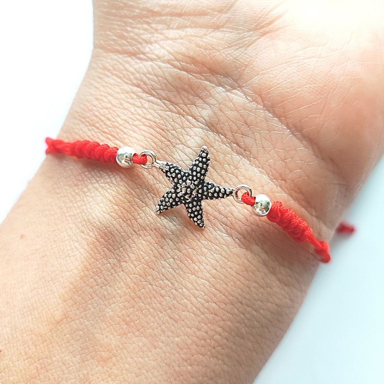 Pulsera Estrella De Mar Plata Fina 925 Envejecida Cordón Rojo-1