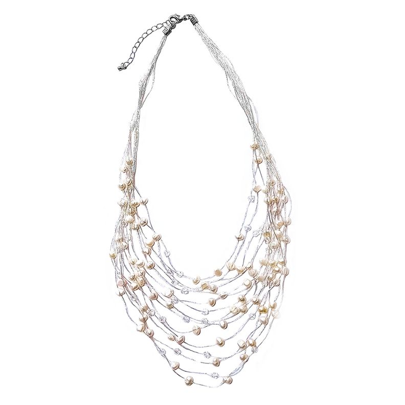 Collar Perlas De Río Blancas Cristales Cordones Seda-0