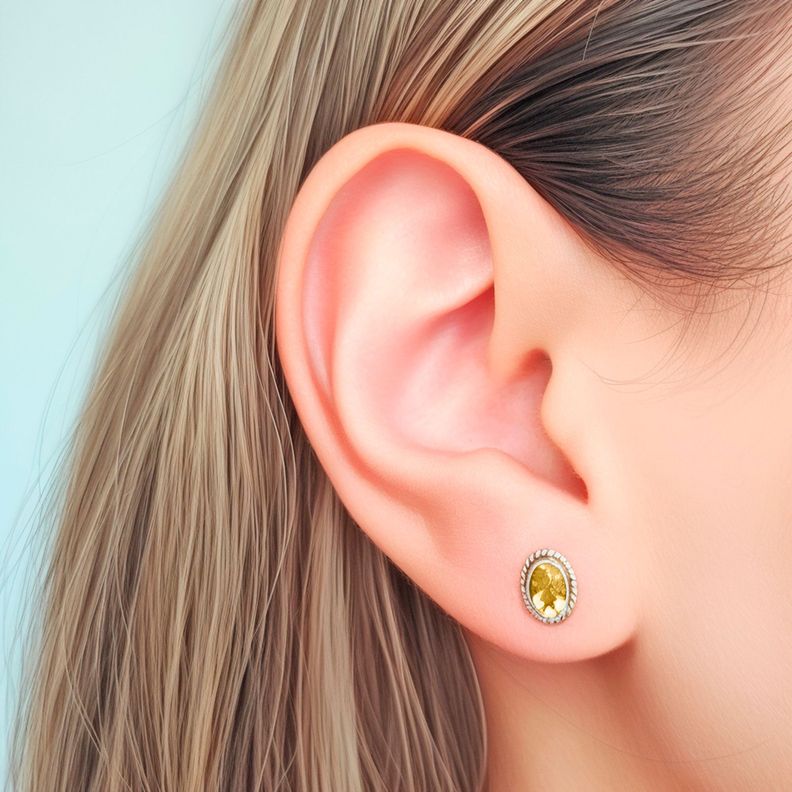 Aros Botón Óvalo Trenzado Topacio Amarillo Plata Fina 925-2