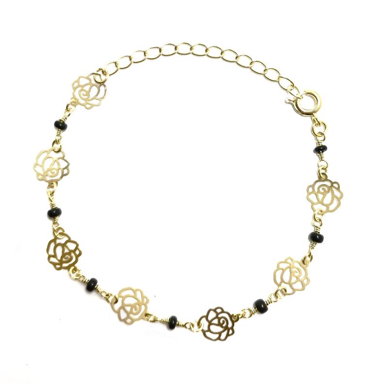 Pulsera Rosas Mostacillas Negras Enchapado Oro 18K-0