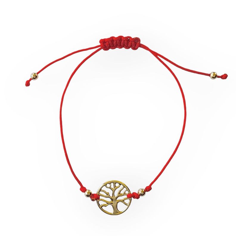 Pulsera Árbol De La Vida Enchapado Oro 18K Cordón Rojo Ajustable-0