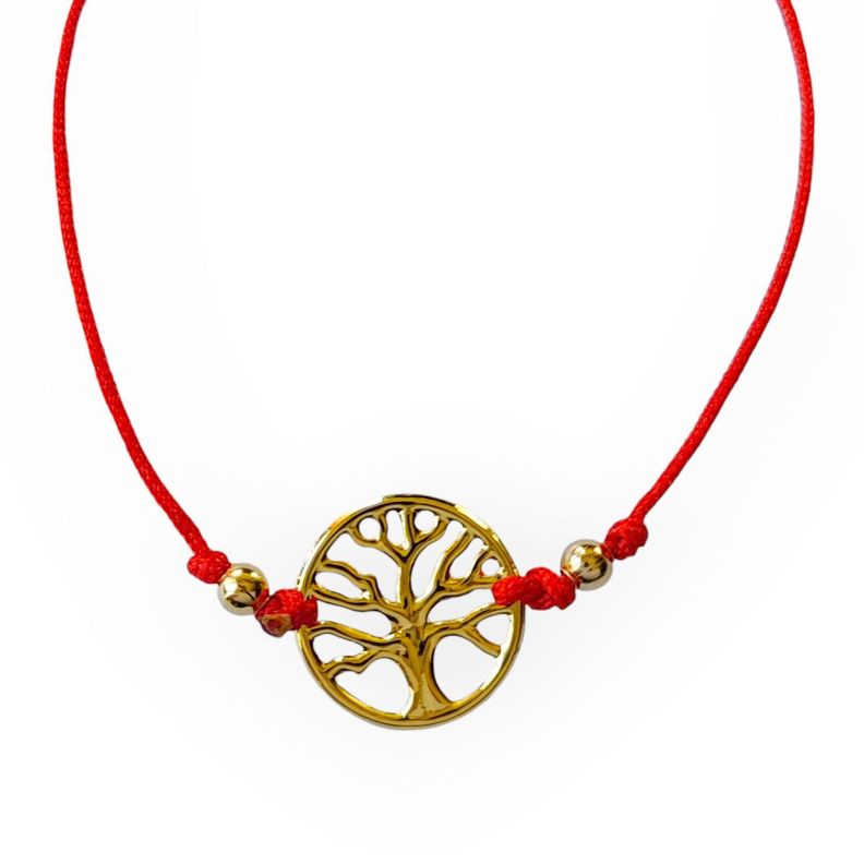 Pulsera Árbol De La Vida Enchapado Oro 18K Cordón Rojo Ajustable-1