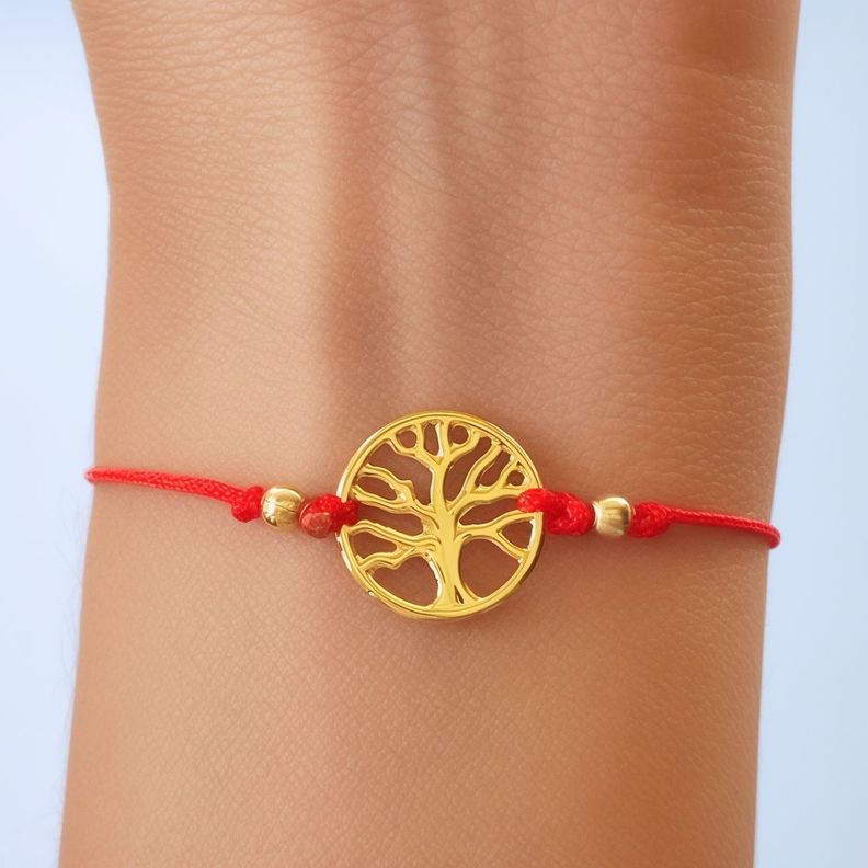 Pulsera Árbol De La Vida Enchapado Oro 18K Cordón Rojo Ajustable-2