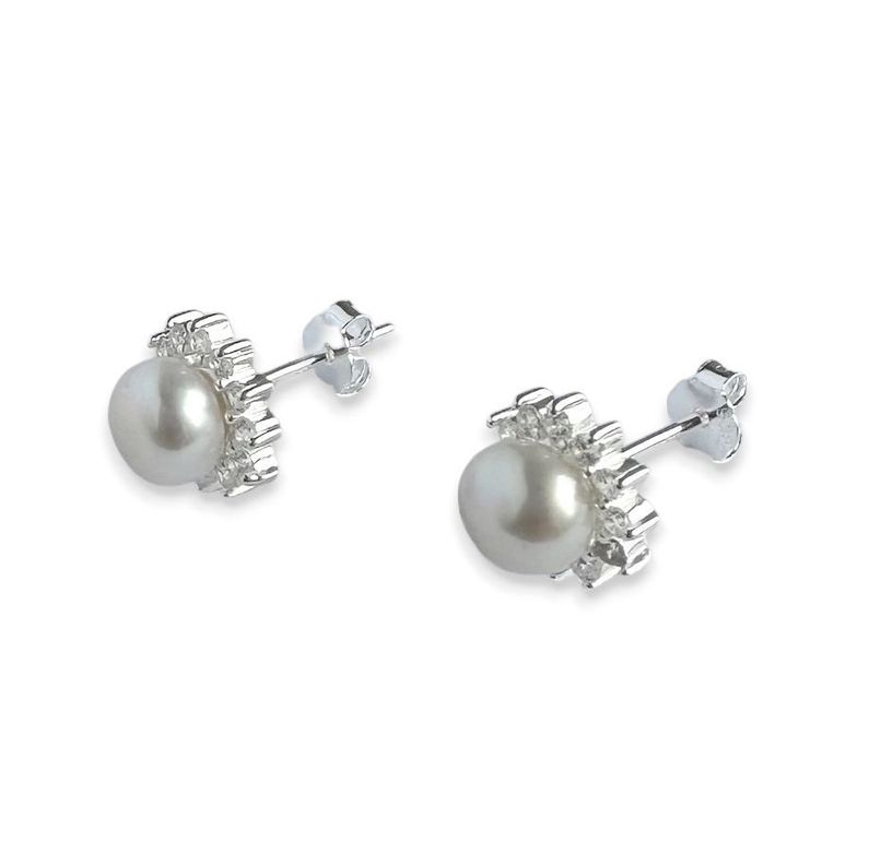 Aros Roseta Perla De Río Circón Plata Fina 925-1
