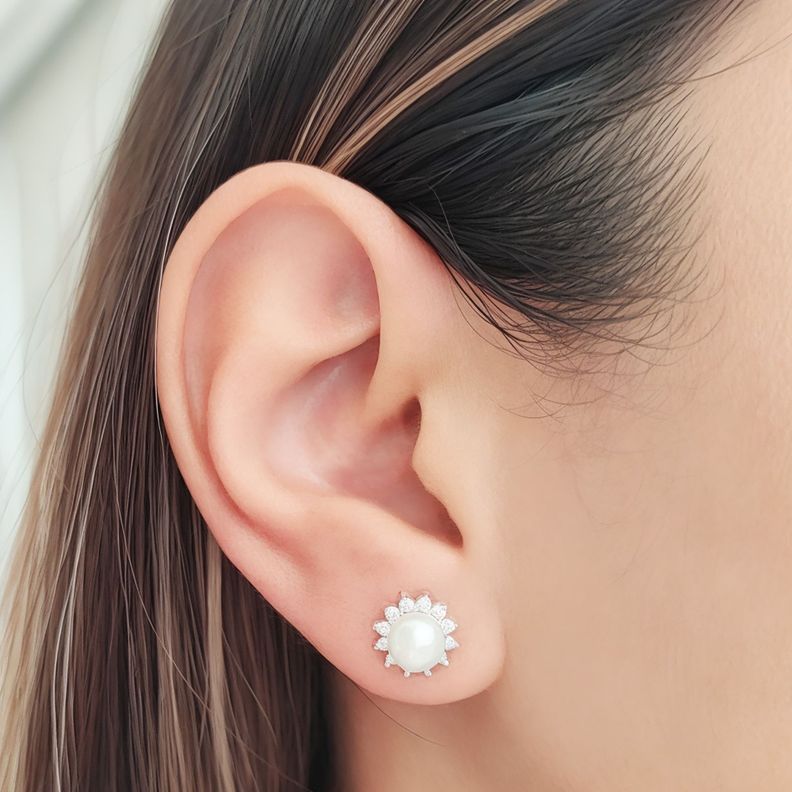 Aros Roseta Perla De Río Circón Plata Fina 925-2