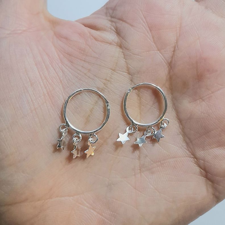 Aros Argolla Mini Estrellas Plata Fina 925-3
