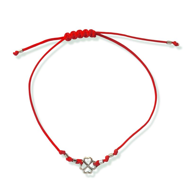 Pulsera Trébol Mostacilla Plata Fina 925 Cordón Rojo -0