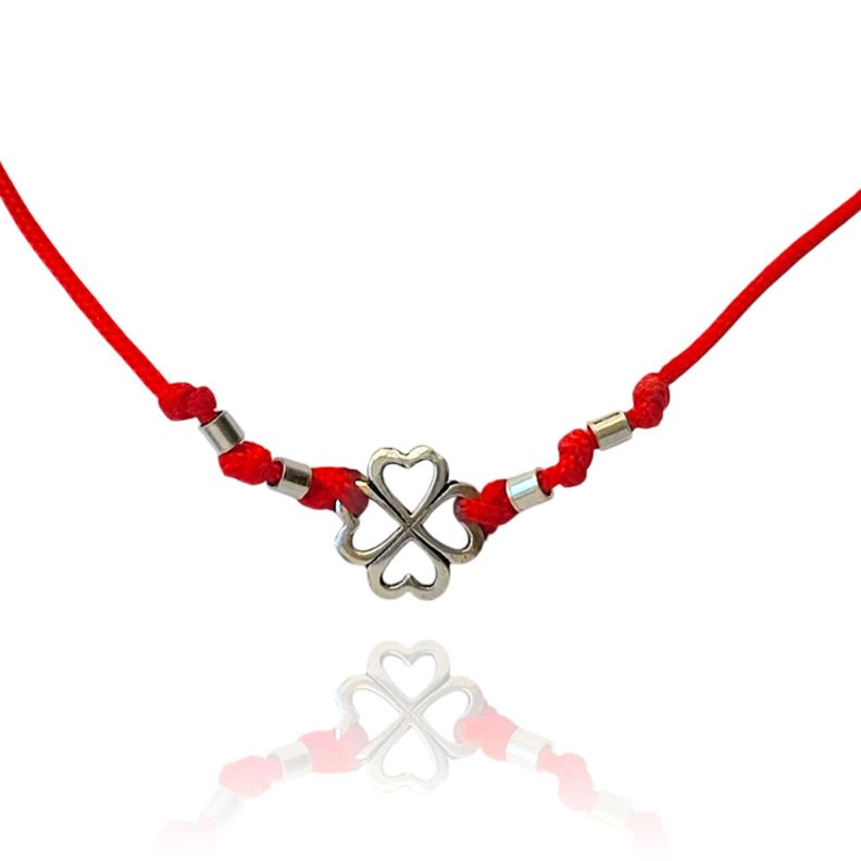 Pulsera Trébol Mostacilla Plata Fina 925 Cordón Rojo -1