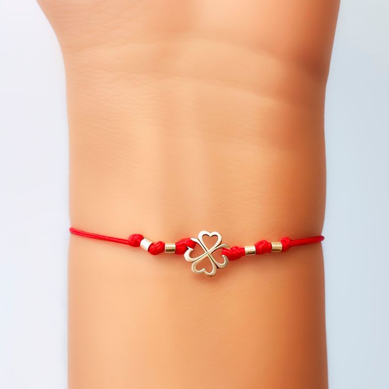 Pulsera Trébol Mostacilla Plata Fina 925 Cordón Rojo -2