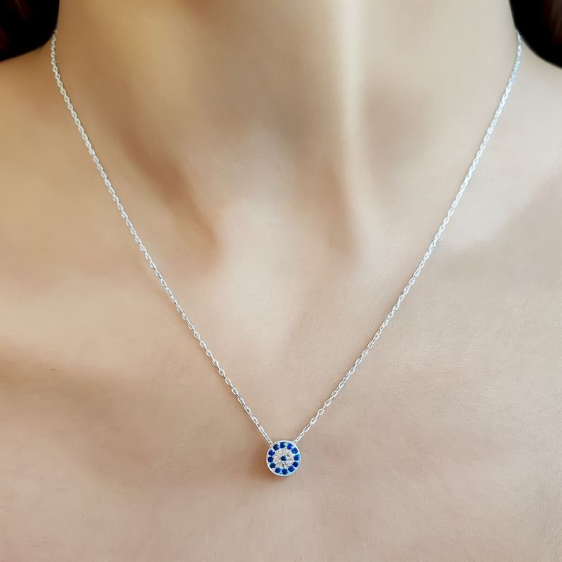 Collar Ojo Turco Circón Cadena Eslabón Plata Fina 925-3
