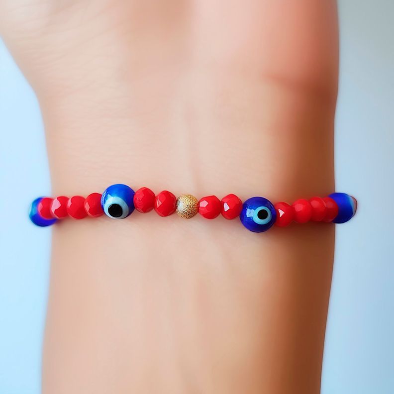 Pulsera Ojos Turcos Cristal Rojo Enchapado Oro 18k-2