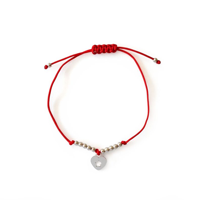 Pulsera Corazón Estrella Bolitas Plata Fina 925 Cordón Rojo -0