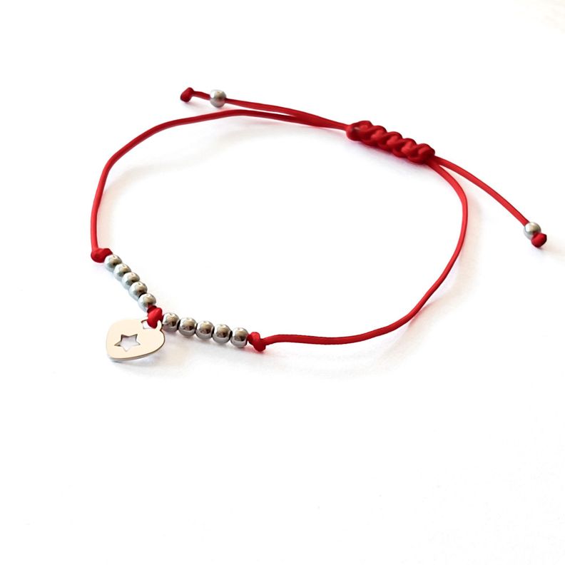 Pulsera Corazón Estrella Bolitas Plata Fina 925 Cordón Rojo -1