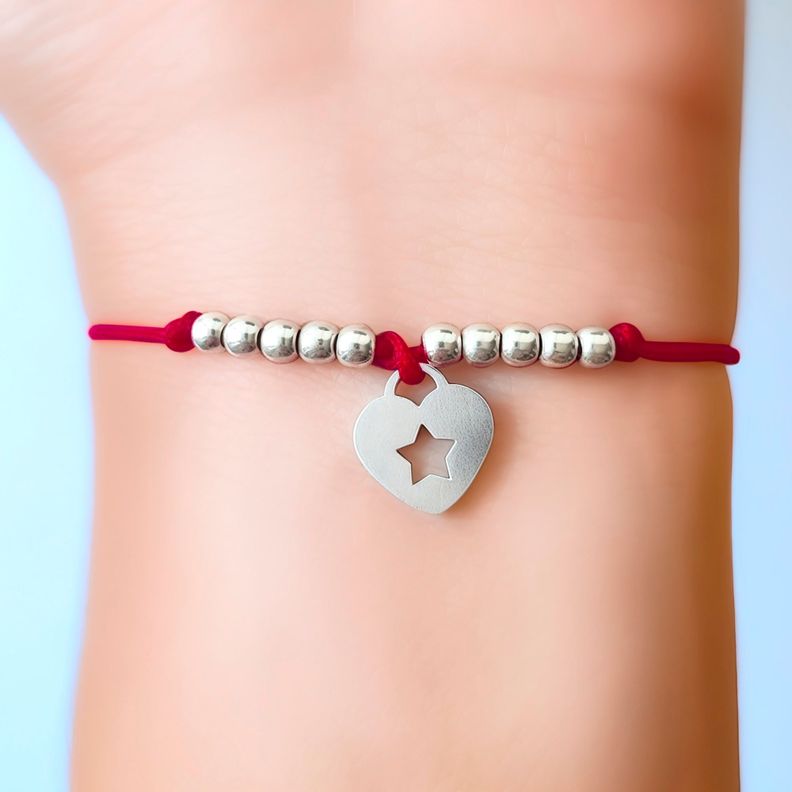 Pulsera Corazón Estrella Bolitas Plata Fina 925 Cordón Rojo -2