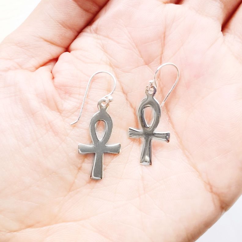 Aros Cruz Ankh Plana Colgante Gancho Plata Fina 925-2