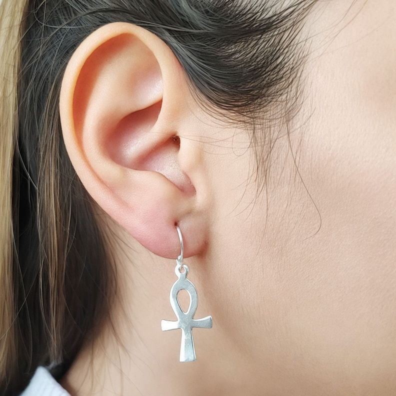 Aros Cruz Ankh Plana Colgante Gancho Plata Fina 925-3