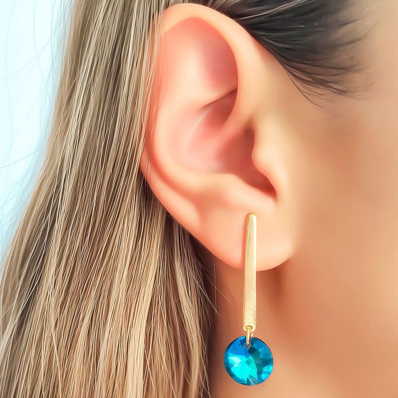 Aros Cristal Azul Bermuda 12mm Enchapado Oro 18K-2