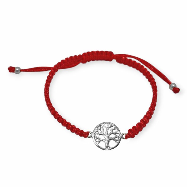 Pulsera Árbol De La Vida 13mm Cordón Rojo Plata Fina 925-0